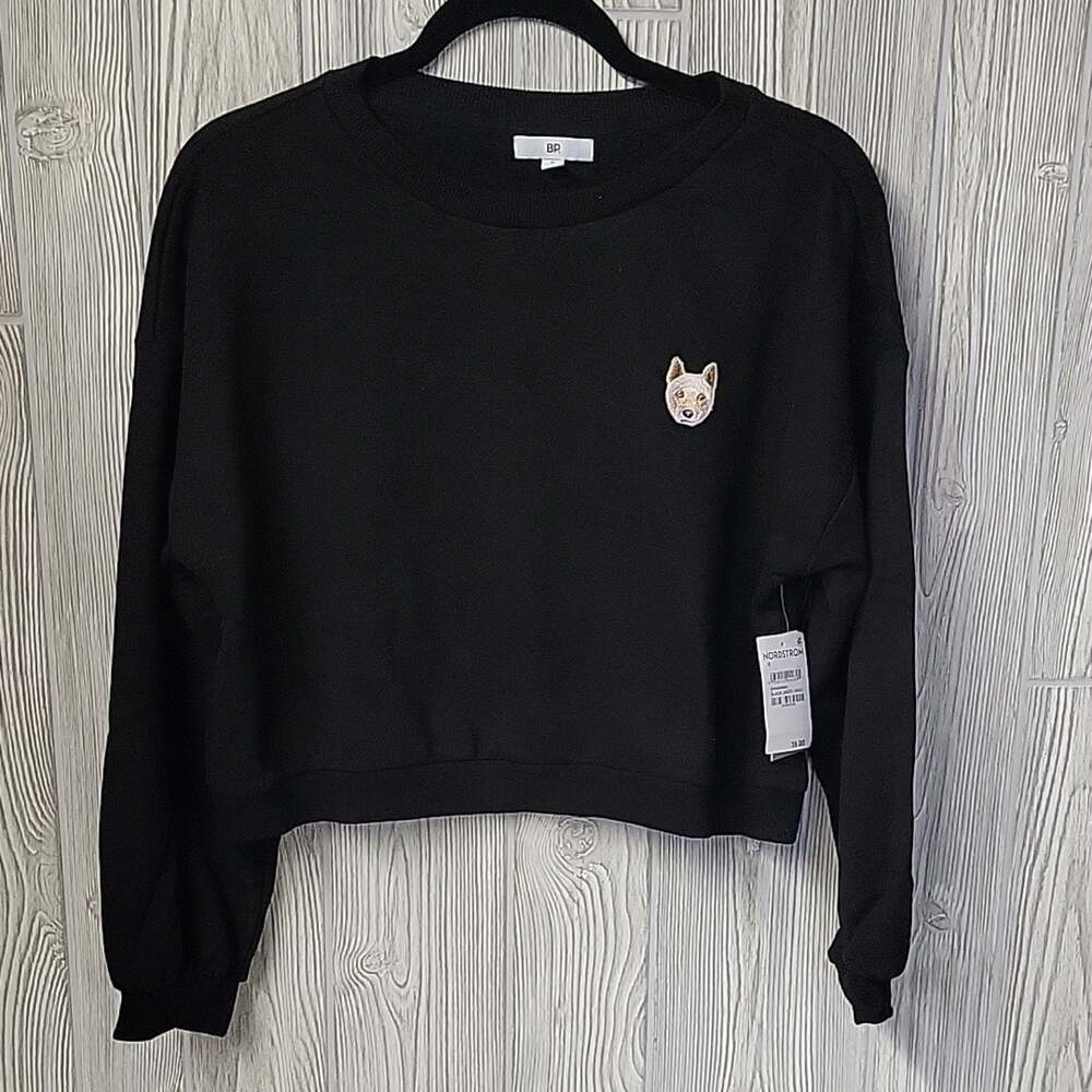 BP Black Jindo Cropped Sweater with Embroidered Dog Patch Womens Small NWT